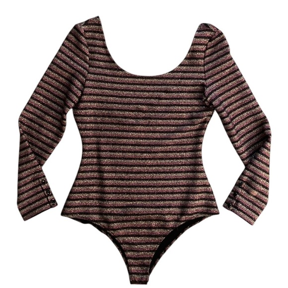 Sezane Shimmer Striped Long Sleeve Bodysuit Scoop Neck and Back - Picture 2 of 11